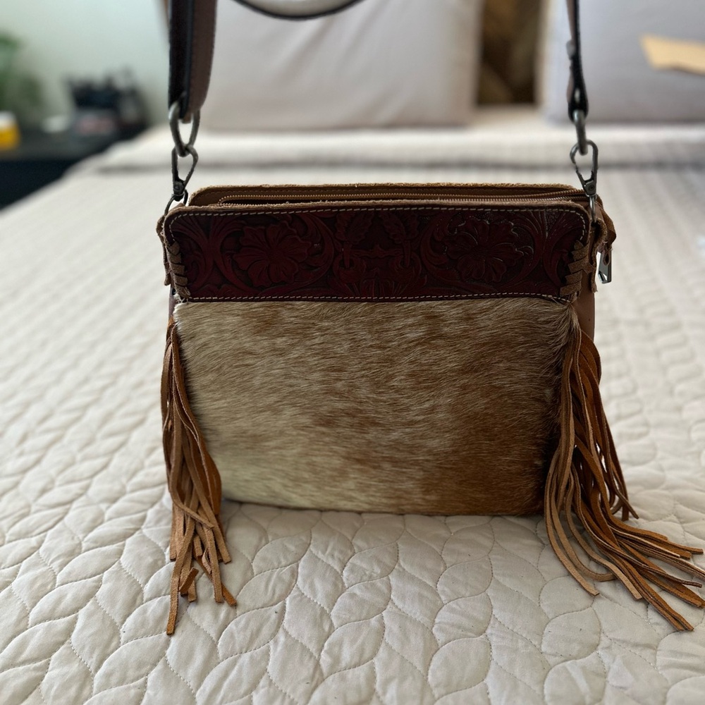 Brown and Tan Leather Fringe Bag
